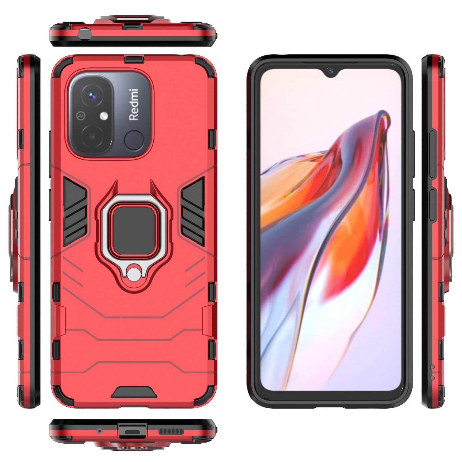 Xiaomi Redmi 12C Σκληρή Θήκη Κόκκινη Με Σταντ Magnetic Ring Holder PC + TPU Phone Case Red