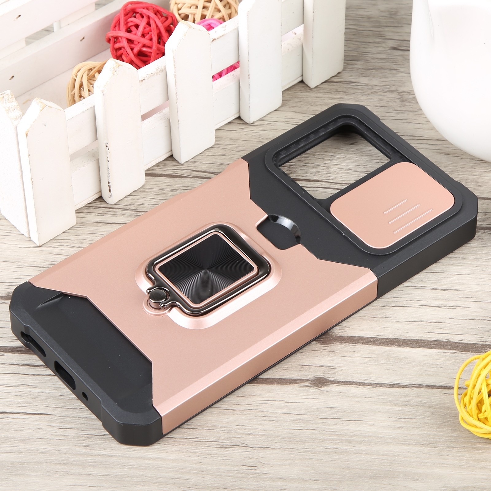 Xiaomi Redmi Note 12 5G / Xiaomi Poco X5 5G Θήκη Ροζ - Χρυσή Με Σταντ Camera Shield Card Slot Phone Case with Ring Holder