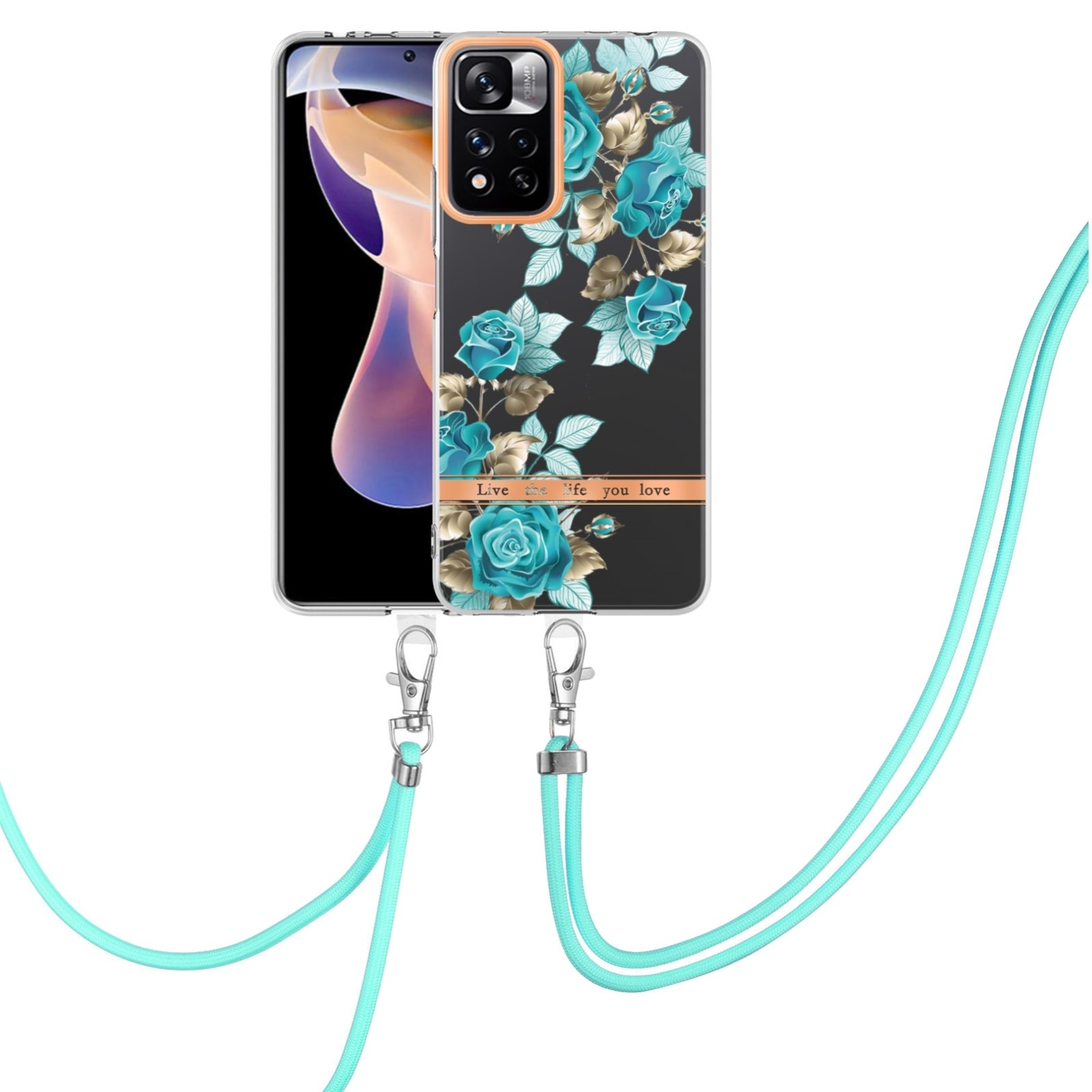 Xiaomi Redmi Note 11 Pro+ 5G Θήκη Σιλικόνης Με Λουράκι Μπλε Τριαντάφυλλα Flowers Series TPU Phone Case with Lanyard Blue Rose