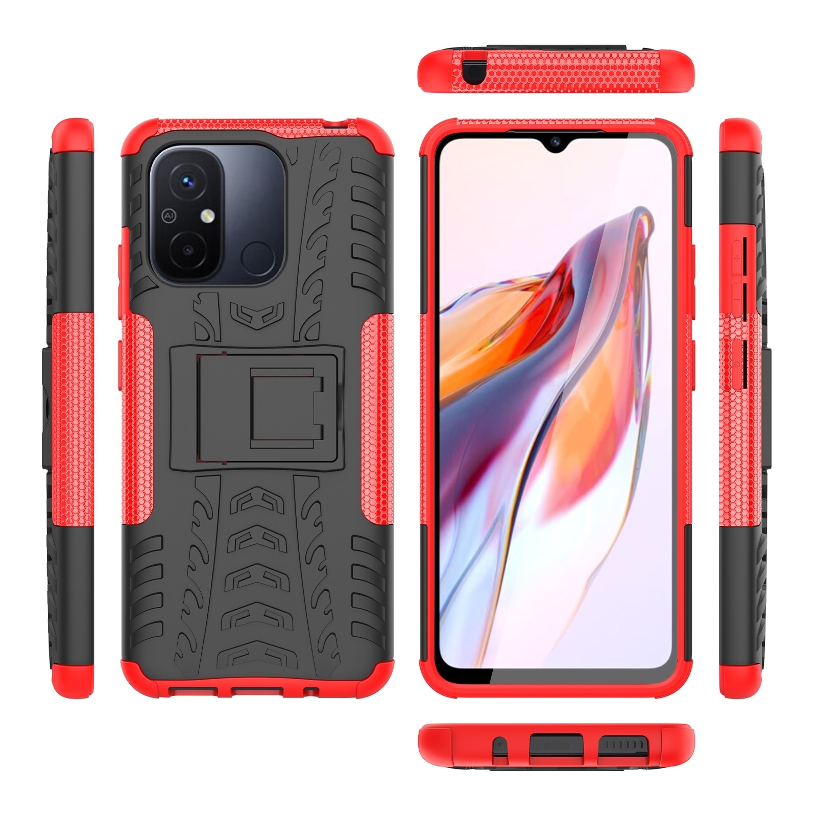 Xiaomi Redmi 12C Θήκη Κόκκινη Tire Texture TPU + PC Phone Case with Holder Red