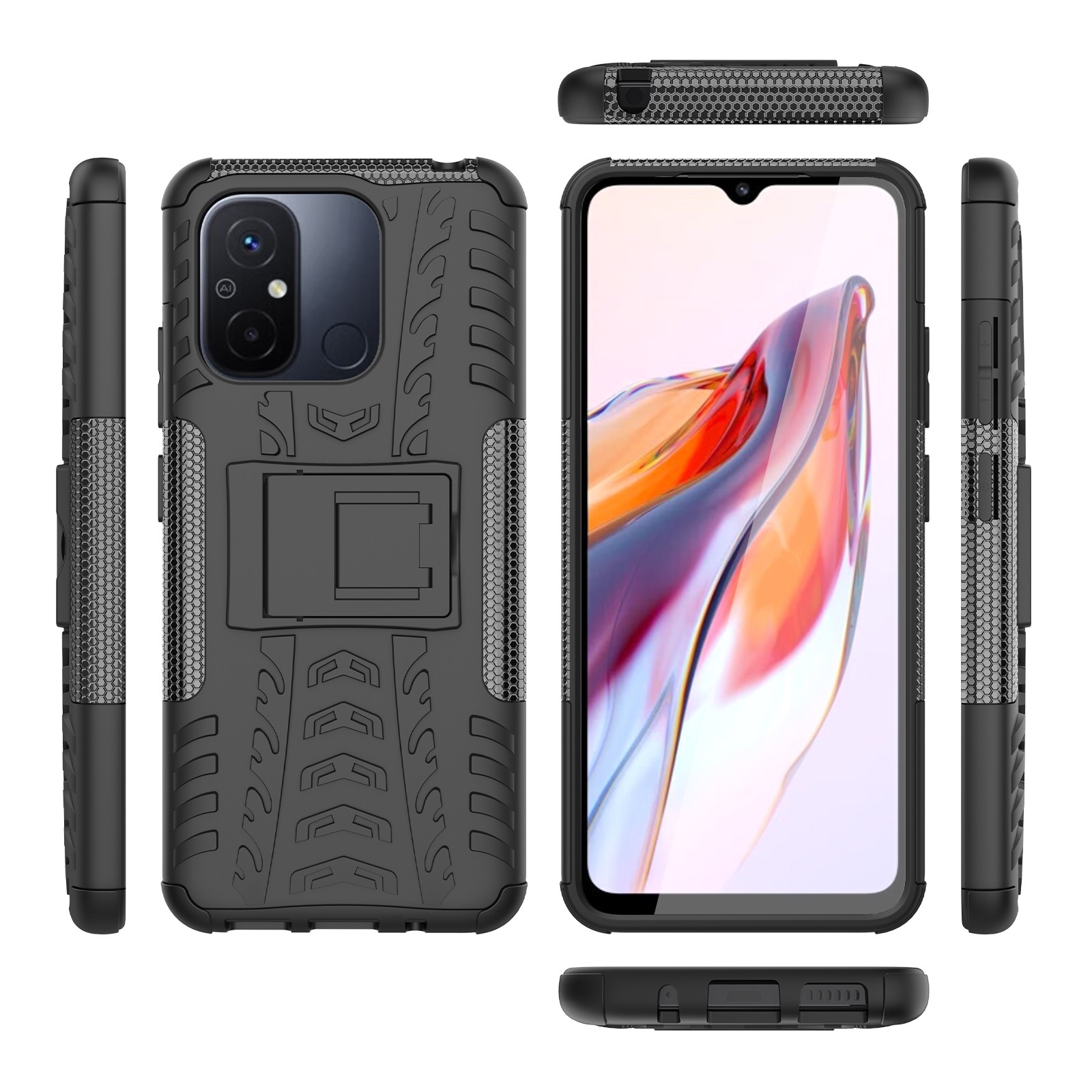 Xiaomi Redmi 12C Θήκη Μαύρη Tire Texture TPU + PC Phone Case with Holder Black