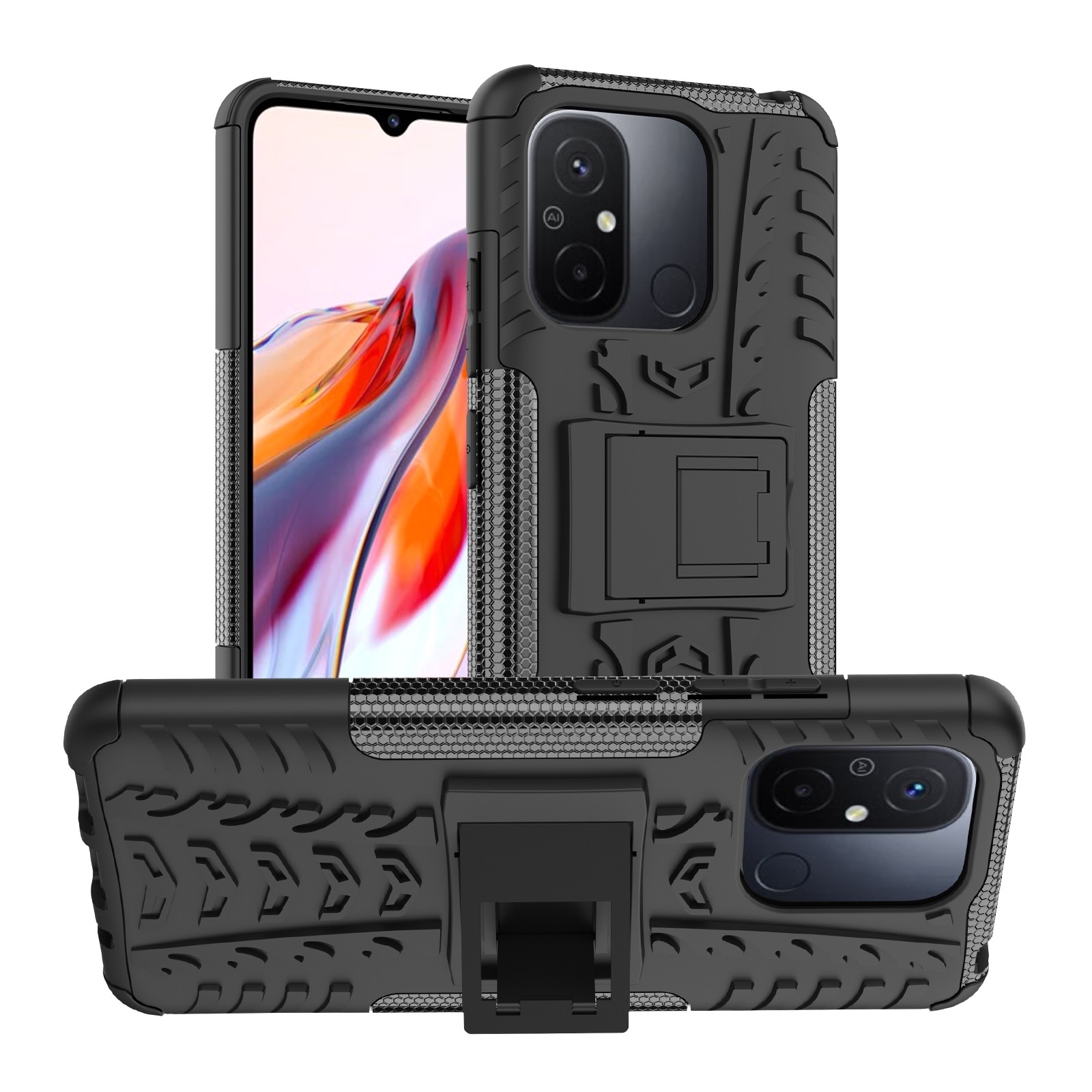 Xiaomi Redmi 12C Θήκη Μαύρη Tire Texture TPU + PC Phone Case with Holder Black