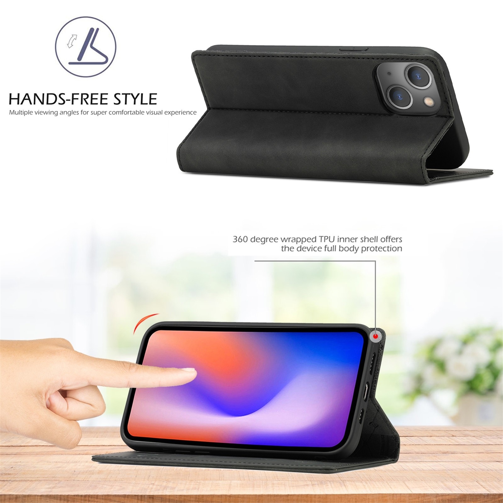 iPhone 13 Θήκη Βιβλίο Μαύρο LC.IMEEKE Strong Magnetic PU + Matte TPU Horizontal Flip Case Black