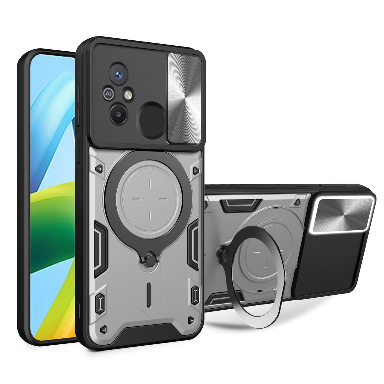 Xiaomi Redmi 12C Θήκη Ασιμή Με Σταντ Sliding Camshield Card Phone Case Silver