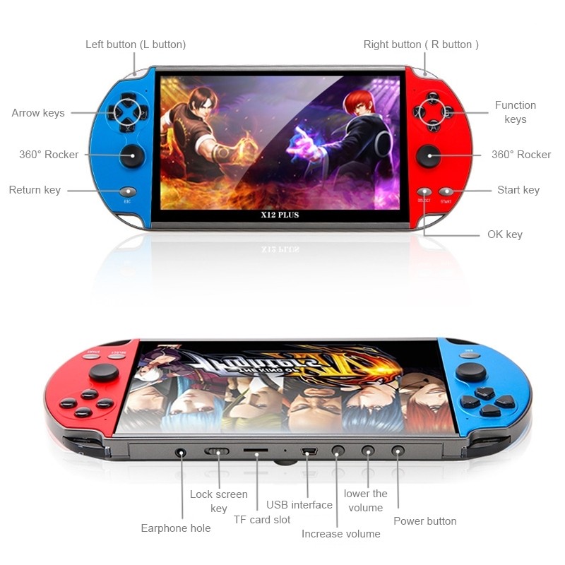Powkiddy X12 Plus Retro Classic Games Handheld Game Console with 7 inch HD Screen & 16GB Memory (Red + Blue)