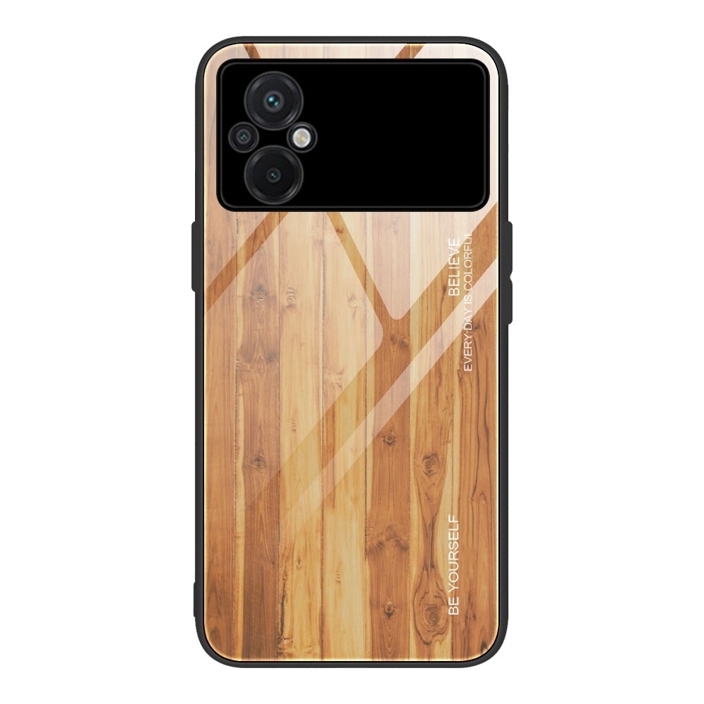 Xiaomi Poco M5 Θήκη Καφέ Με Πλαίσιο Σιλικόνης Και Όψη Γυαλιού Wood Grain Glass Phone Case Brown