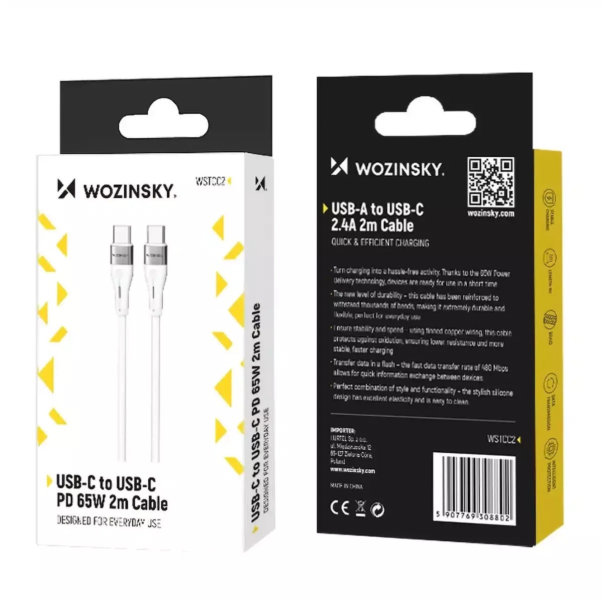 Wozinsky USB 2.0 Cable USB-C male - USB-C 65W Λευκό 2m (WSTCC2)