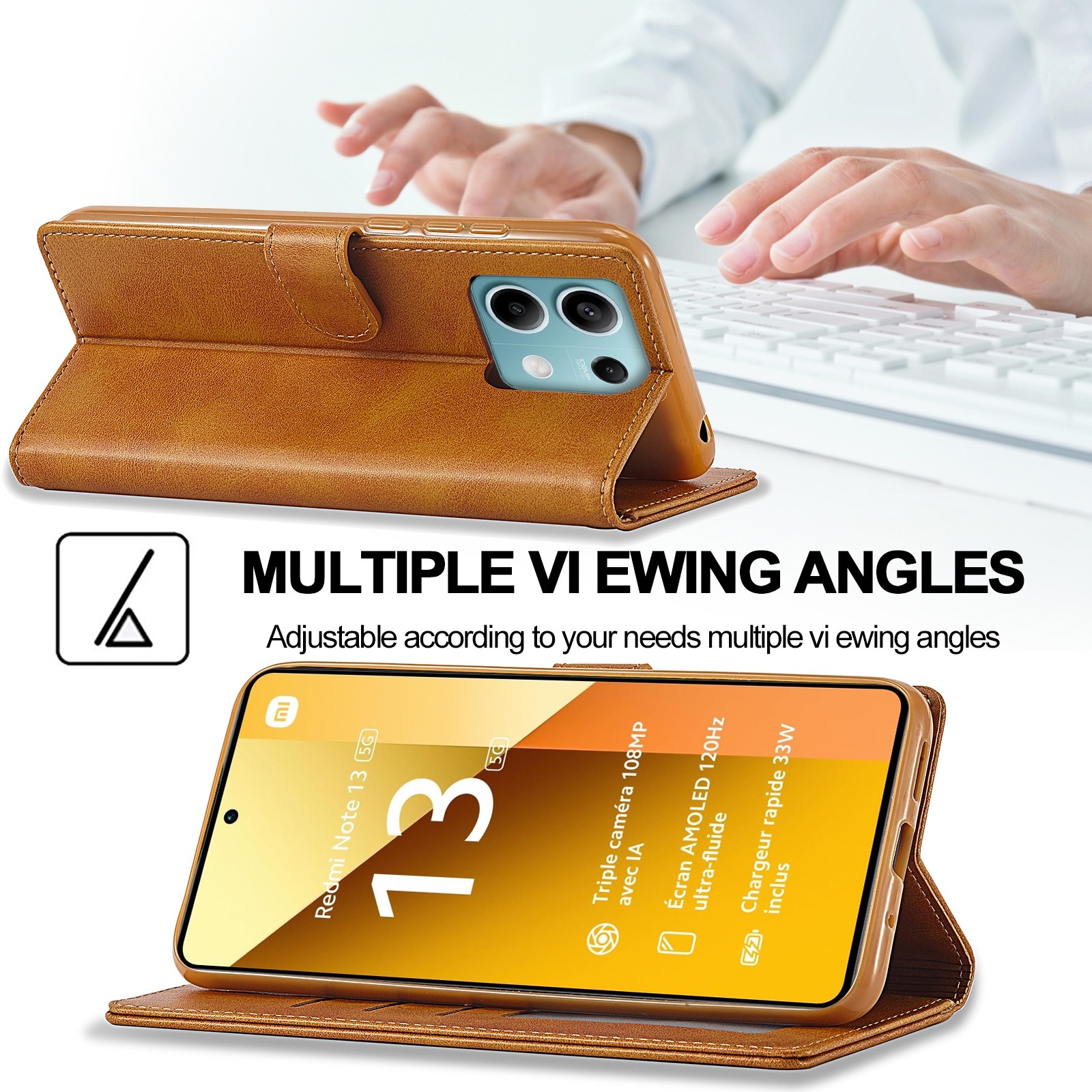 LC.IMEEKE Xiaomi Redmi Note 13 Pro 5G Calf Texture Leather Θήκη Βιβλίο - Brown