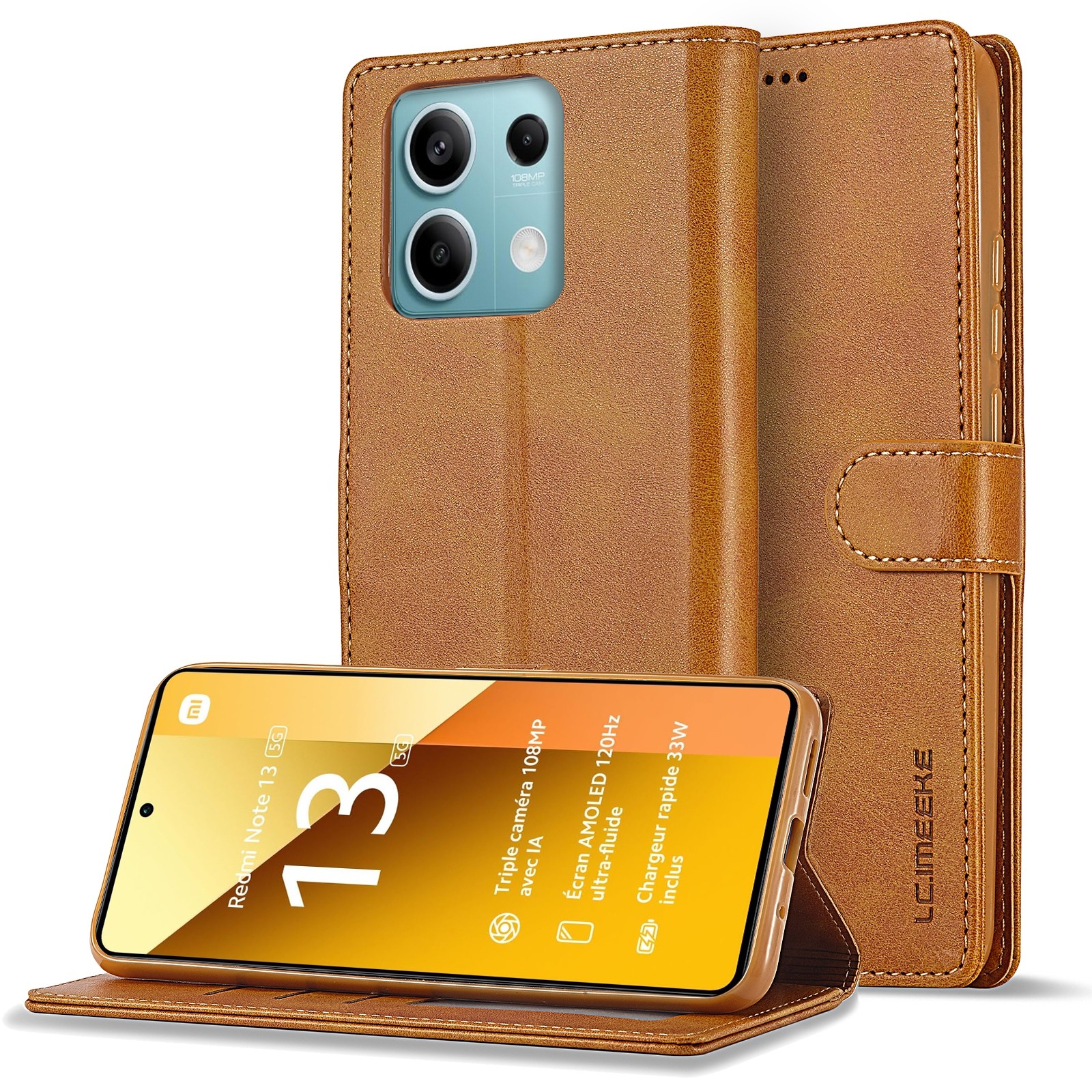 LC.IMEEKE Xiaomi Redmi Note 13 5G Calf Texture Θήκη Βιβλίο - Brown