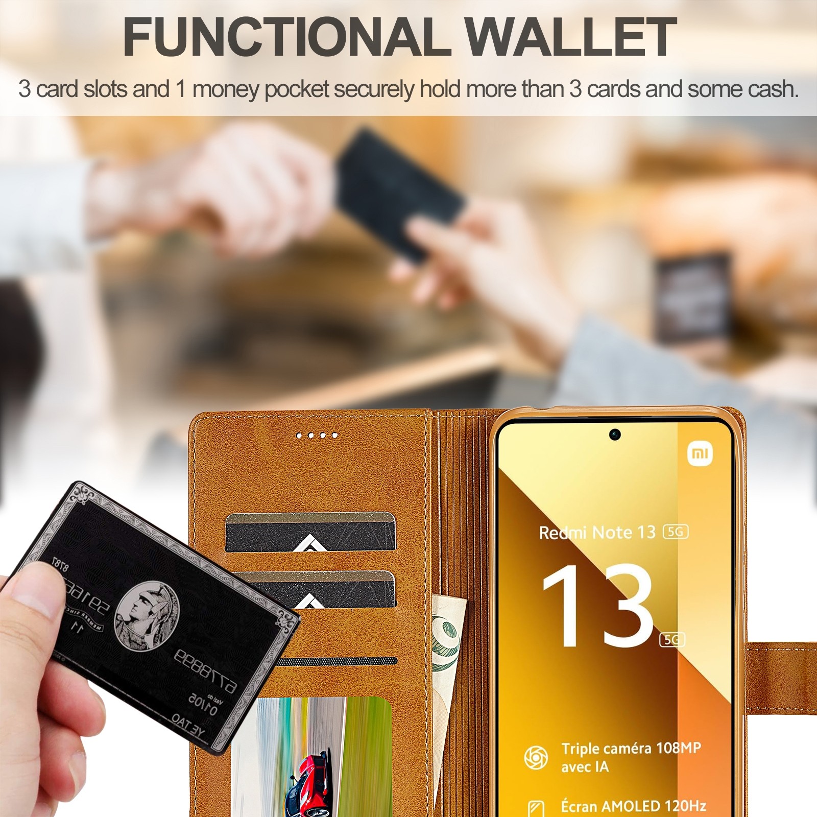 LC.IMEEKE Xiaomi Redmi Note 13 5G Calf Texture Θήκη Βιβλίο - Brown