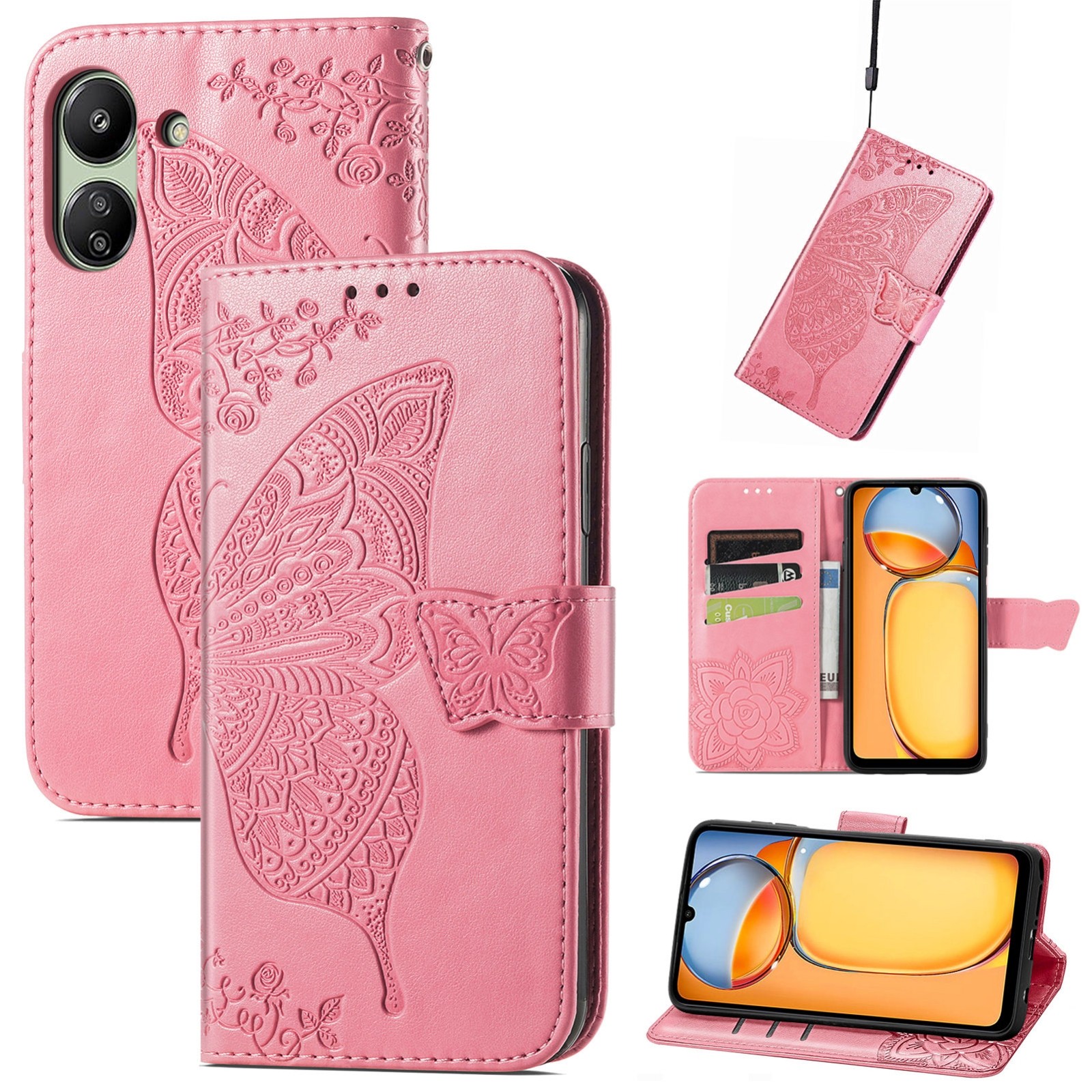 Tel1 Xiaomi Poco C65 / Xiaomi Redmi 13C 4G / 5G Butterfly Embossed Θήκη Βιβλίο - Pink
