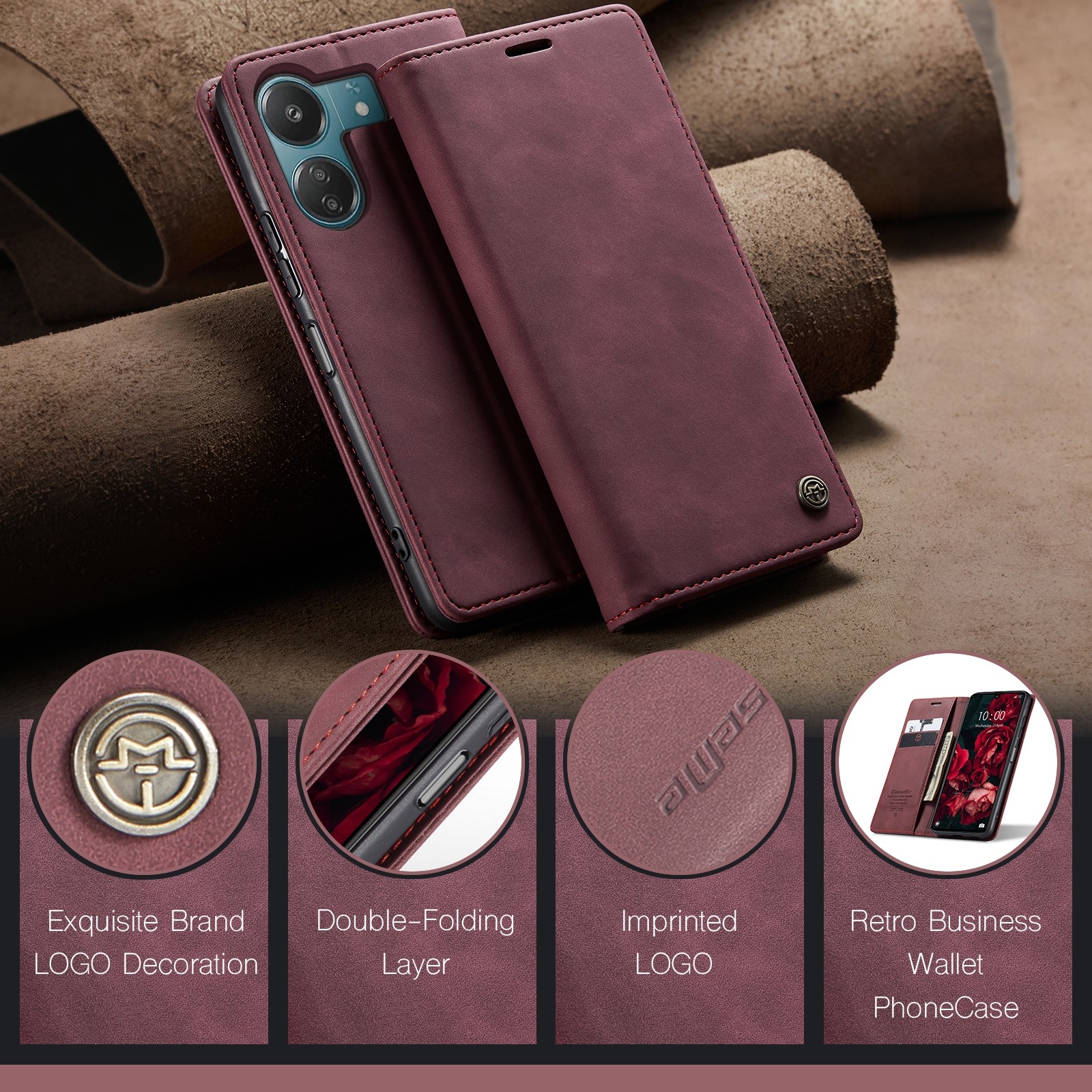 CaseMe 013 Xiaomi Poco C65/ Xiaomi Redmi 13C 4G Retro Leather Θήκη Βιβλίο - Wine Red