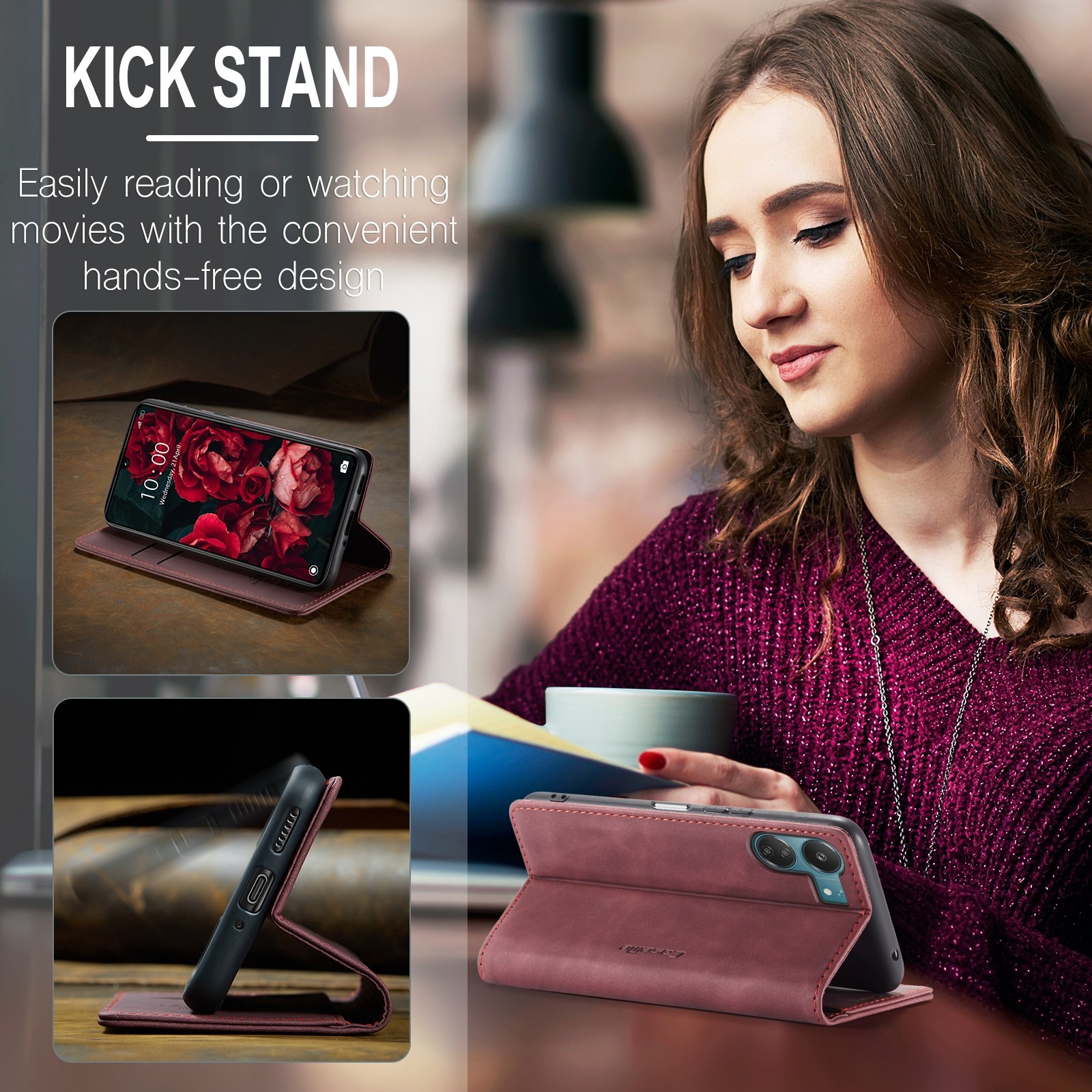 CaseMe 013 Xiaomi Poco C65/ Xiaomi Redmi 13C 4G Retro Leather Θήκη Βιβλίο - Wine Red