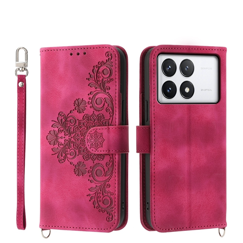 Tel1 Xiaomi Poco X6 Pro 5G Skin-Feel Flowers Embossed Θήκη Βιβλίο - Wine Red