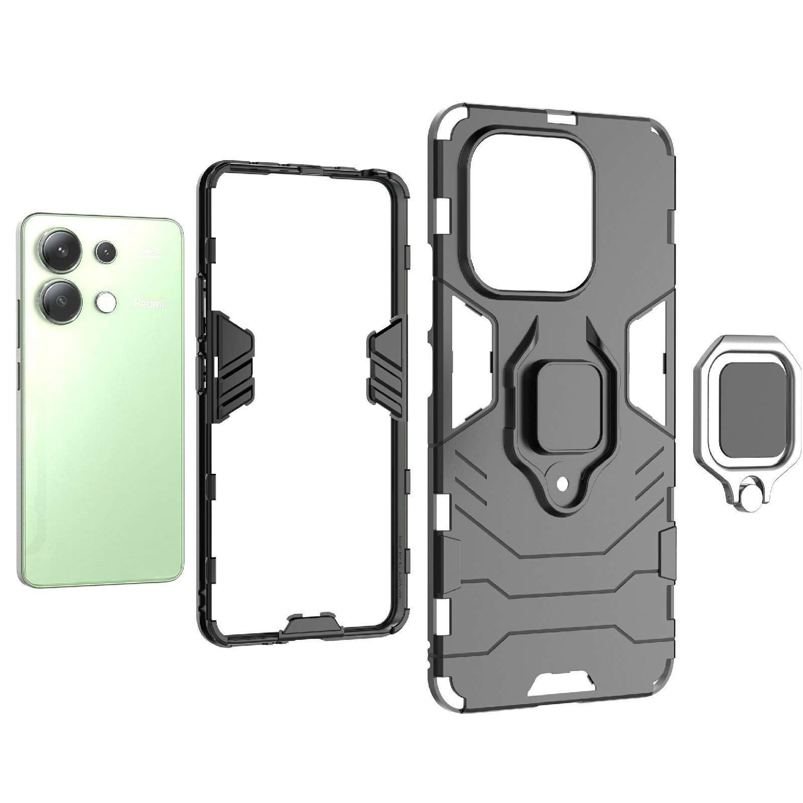 Xiaomi Redmi Note 13 4G Σκληρή Θήκη Μαύρη Με Σταντ Shockproof PC + TPU Phone Case with Magnetic Ring Holder Black