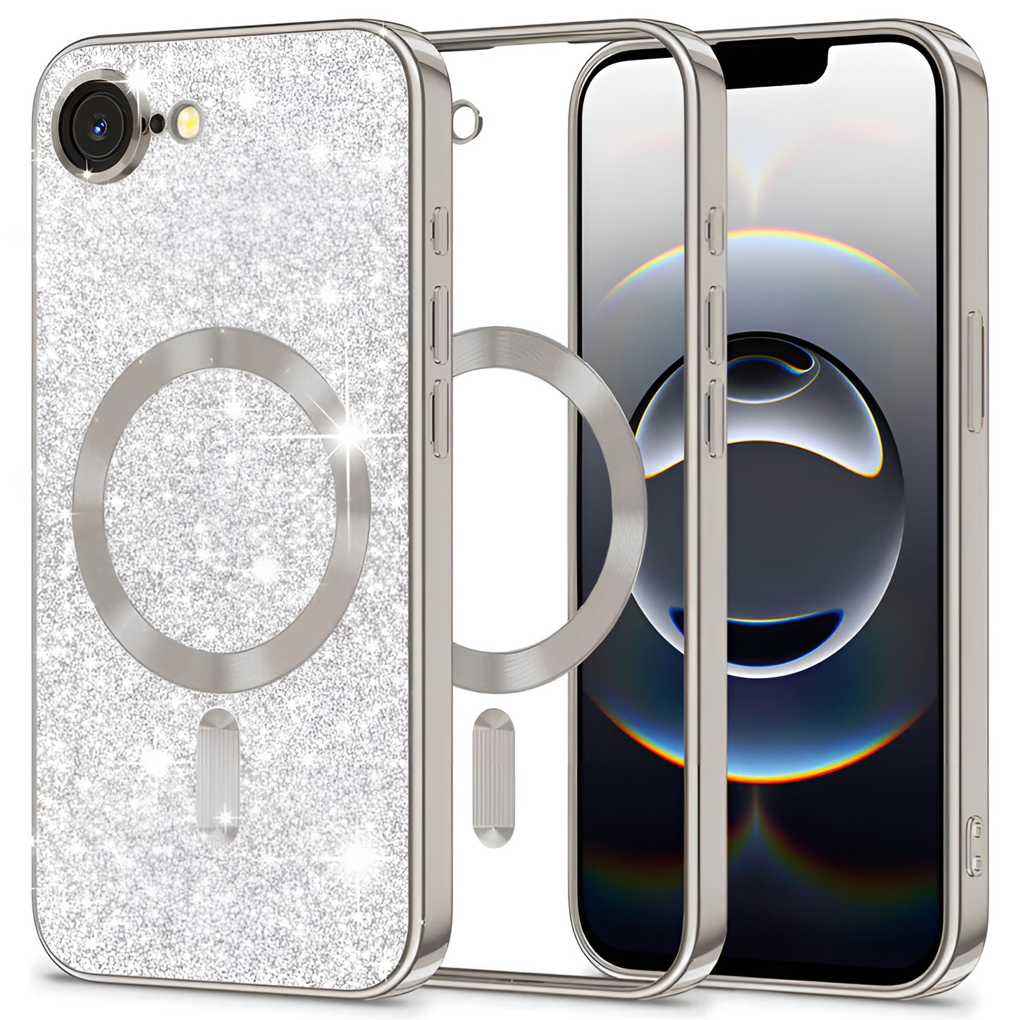 Techsuit iPhone 16e MagSafe Luxury Glitter Θήκη Με Πλαίσιο Σιλικόνης Διάφανη - Silver