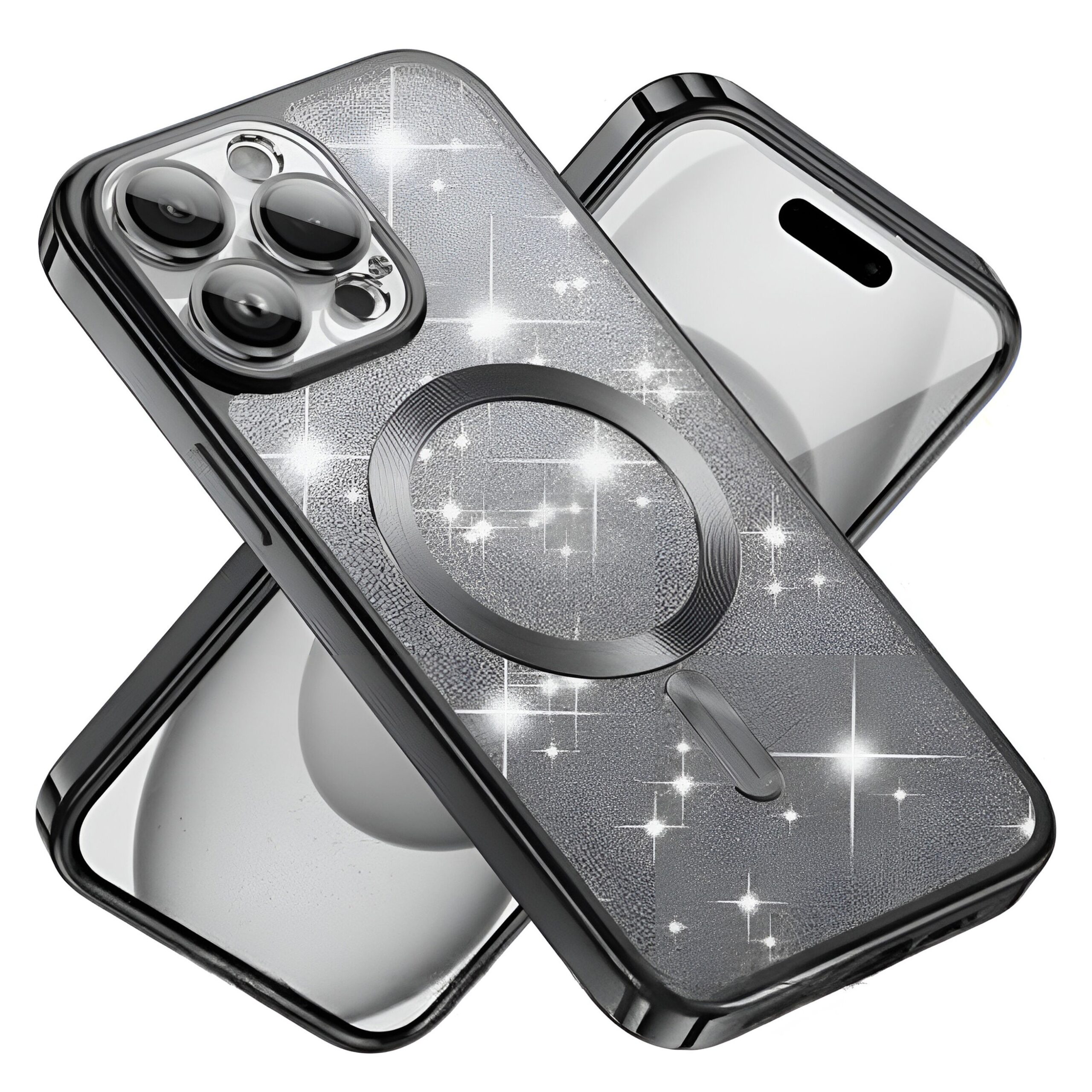 Techsuit iPhone 15 Pro Max MagSafe Luxury Glitter Θήκη Με Πλαίσιο Σιλικόνης Διάφανη -Black