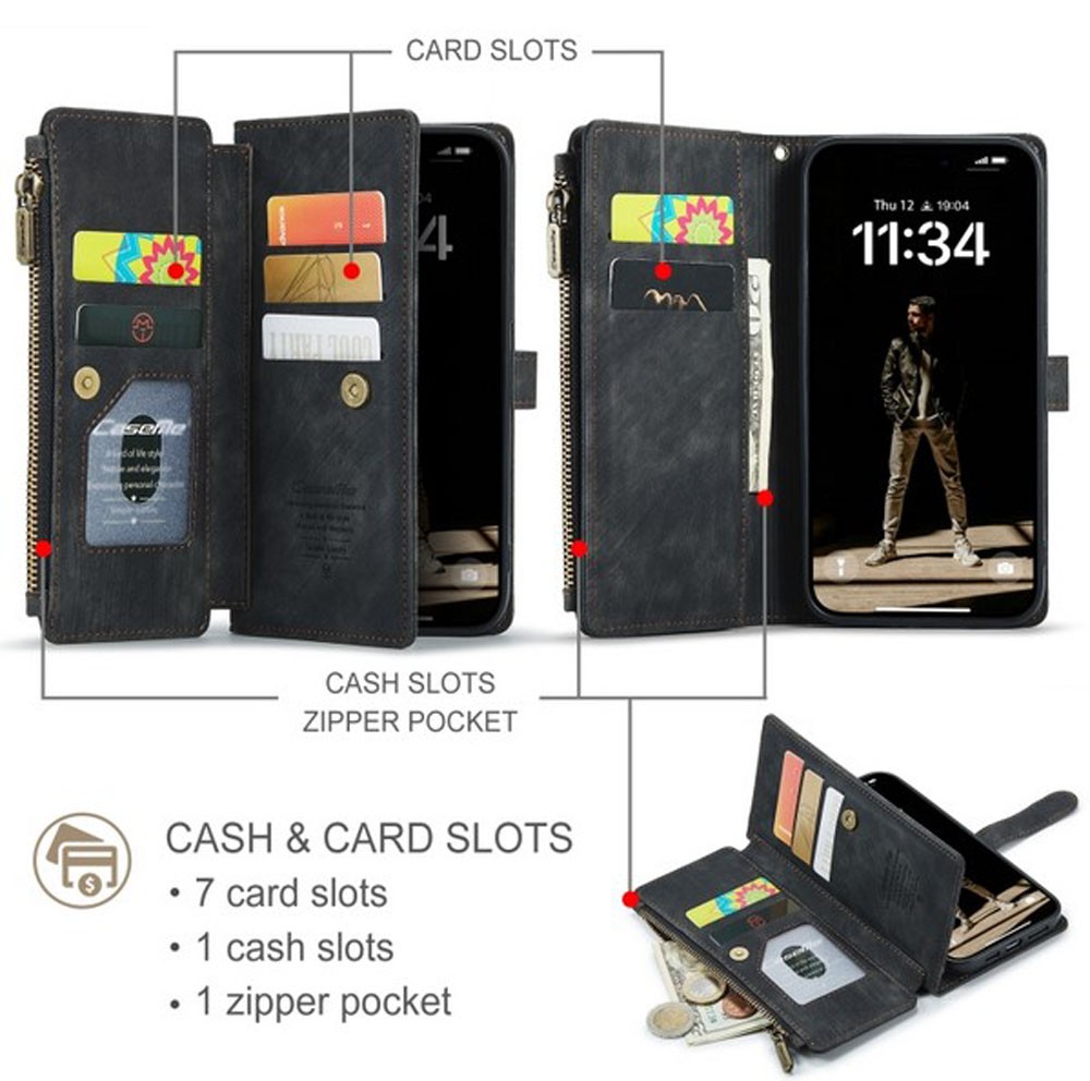 CaseMe C30 iPhone 16 Card Slots Zipper Θήκη Πορτοφόλι Δερμάτινη - Black