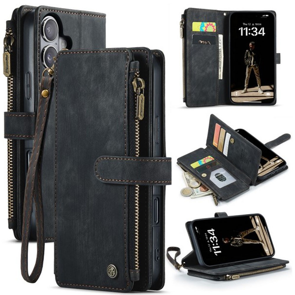 CaseMe C30 iPhone 16 Card Slots Zipper Θήκη Πορτοφόλι Δερμάτινη - Black