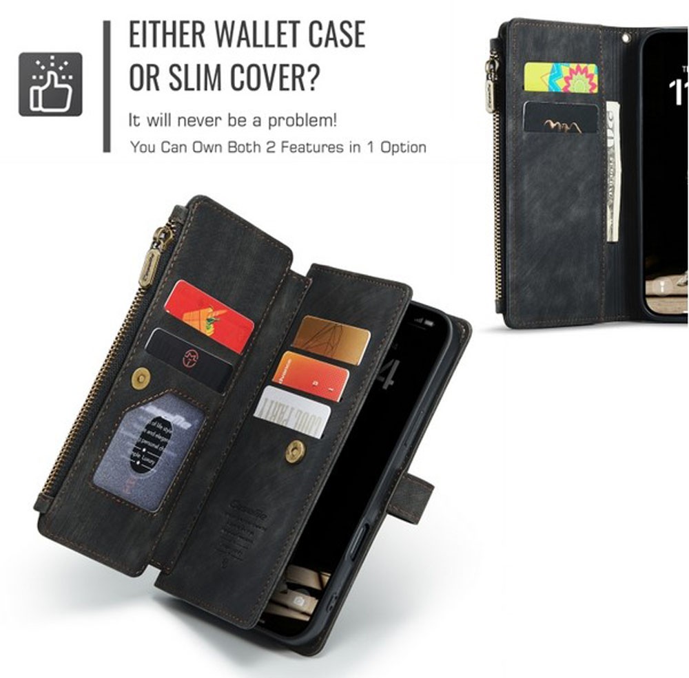 CaseMe C30 iPhone 16 Card Slots Zipper Θήκη Πορτοφόλι Δερμάτινη - Black