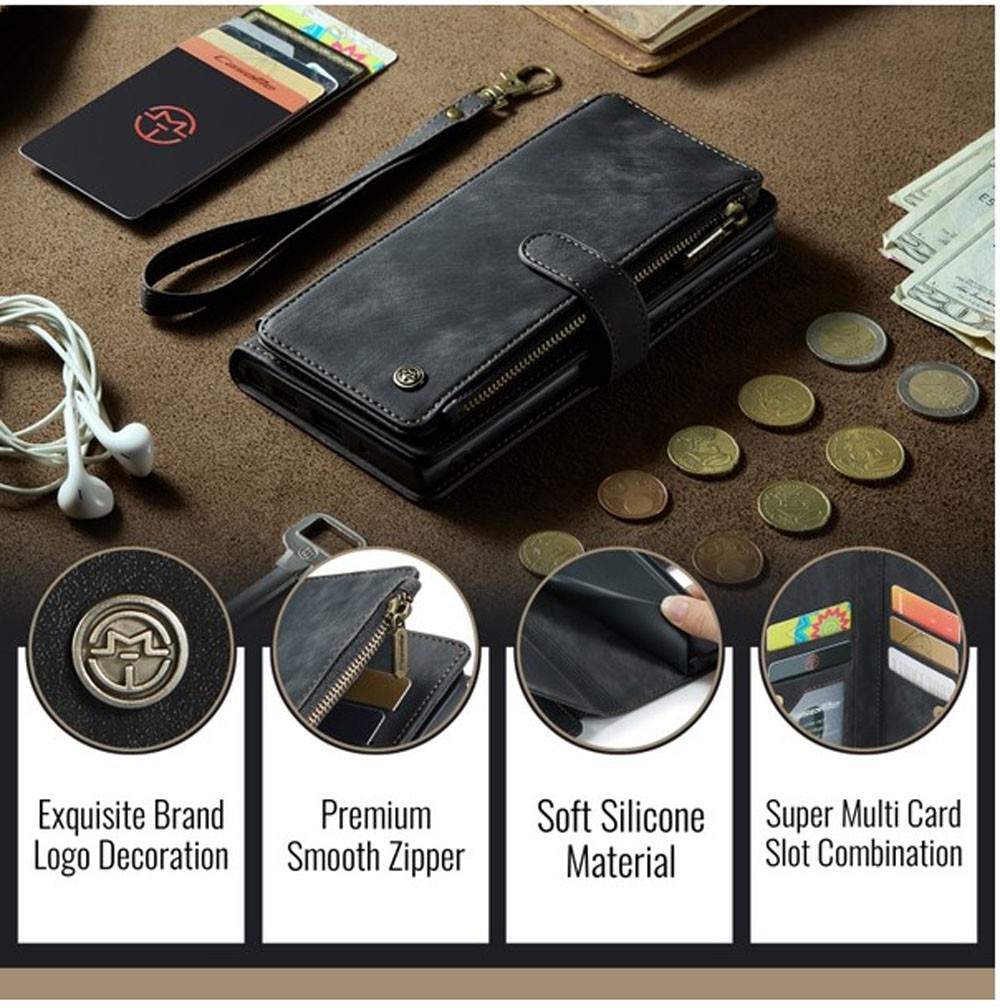 CaseMe C30 iPhone 16 Card Slots Zipper Θήκη Πορτοφόλι Δερμάτινη - Black
