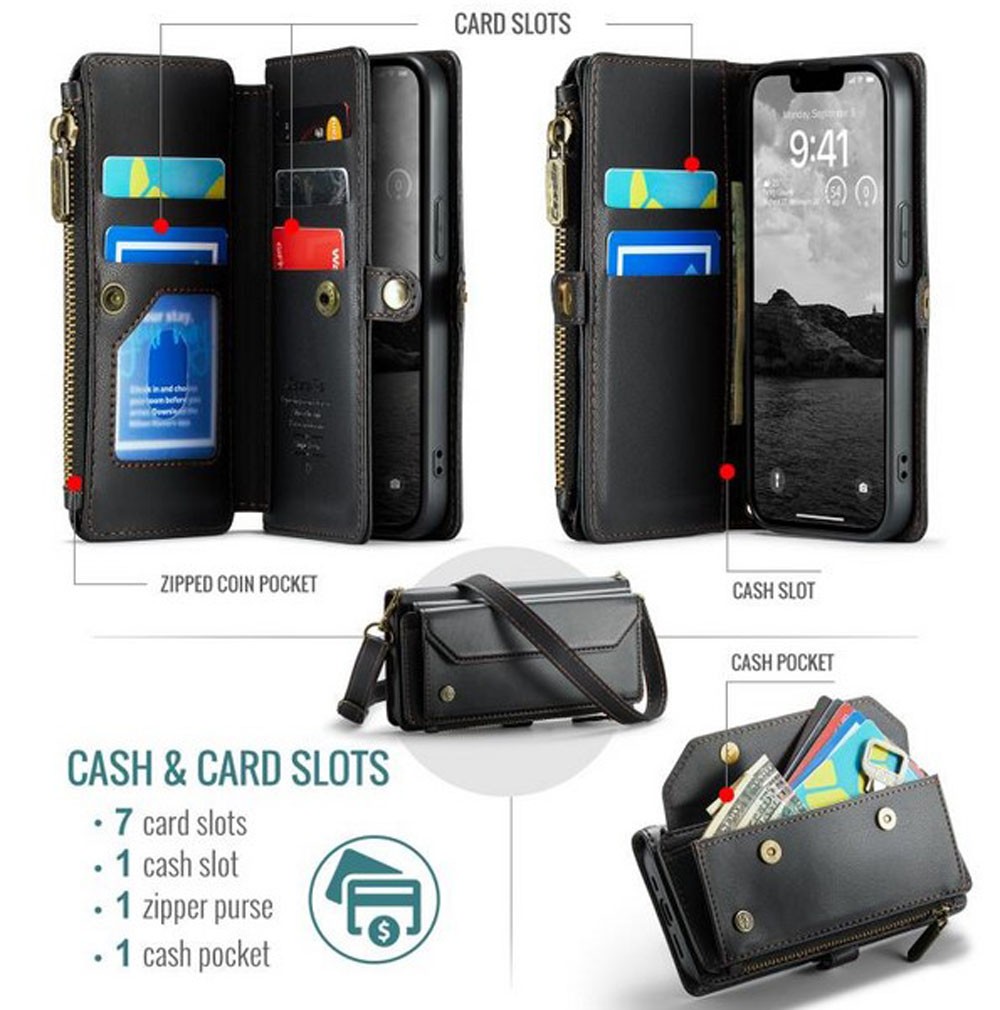 CaseMe C36 iPhone 16e Zipper Wallet RFID Anti-theft Θήκη Βιβλίο - Μαύρο