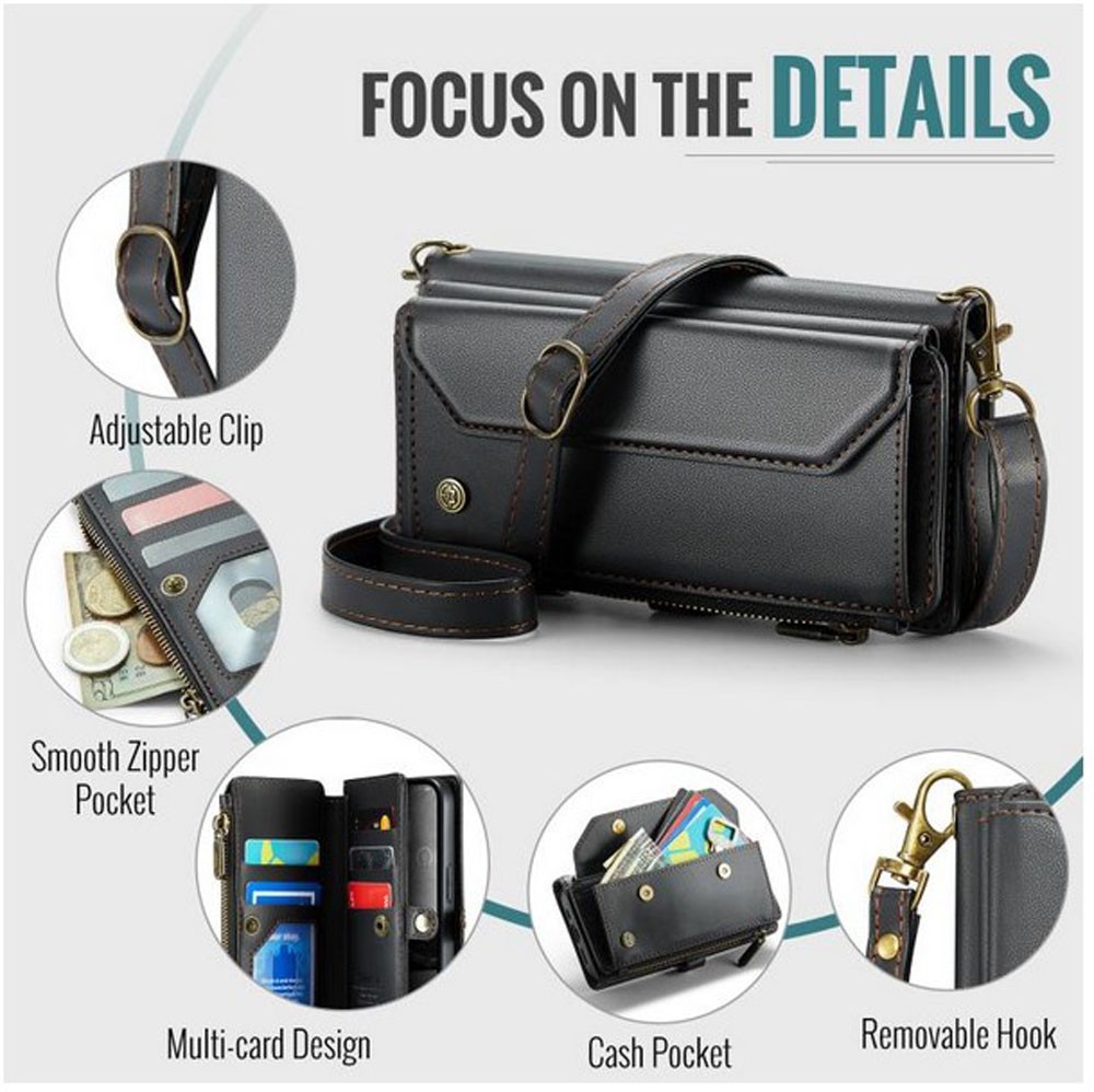 CaseMe C36 iPhone 16e Zipper Wallet RFID Anti-theft Θήκη Βιβλίο - Μαύρο