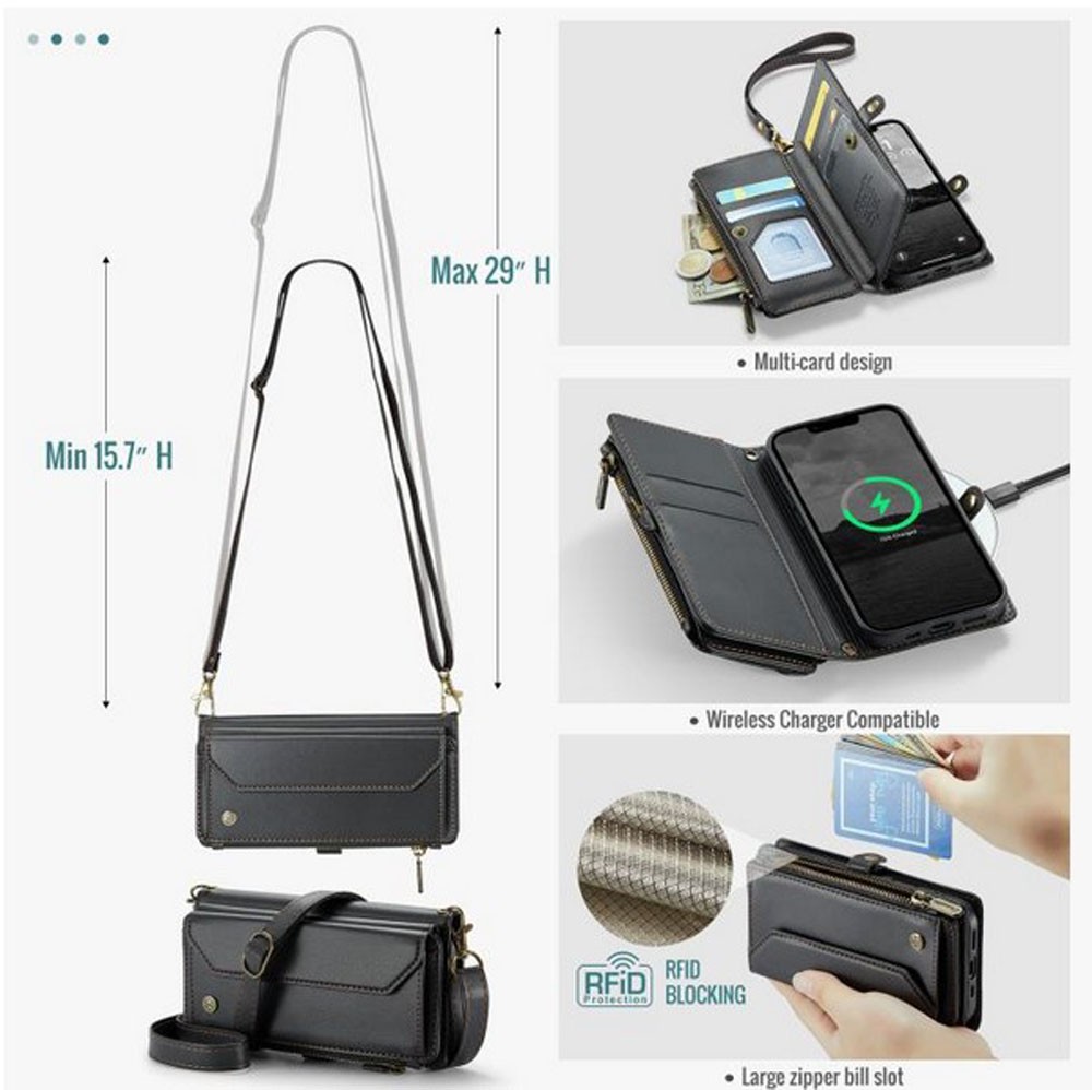 CaseMe C36 iPhone 16e Zipper Wallet RFID Anti-theft Θήκη Βιβλίο - Μαύρο