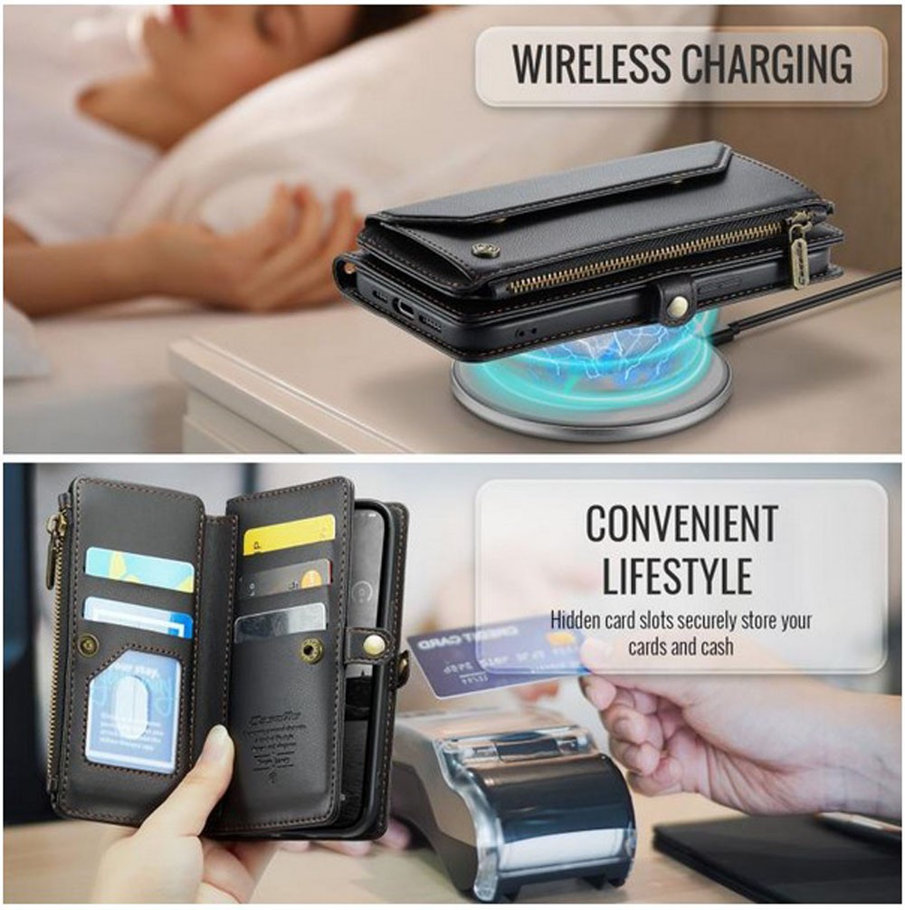 CaseMe C36 iPhone 16e Zipper Wallet RFID Anti-theft Θήκη Βιβλίο - Μαύρο