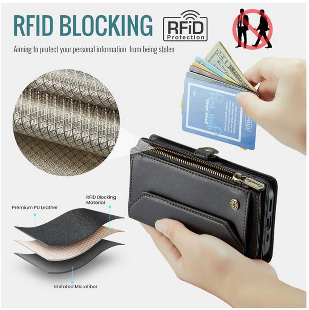 CaseMe C36 iPhone 16e Zipper Wallet RFID Anti-theft Θήκη Βιβλίο - Μαύρο