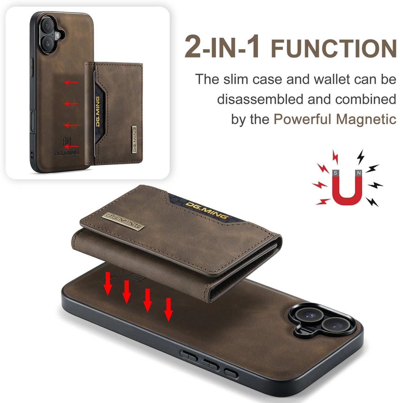 DG.MING iPhone 16 M2 Series 3-Fold Wallet Card Θήκη Δερματίνης - Dark Brown