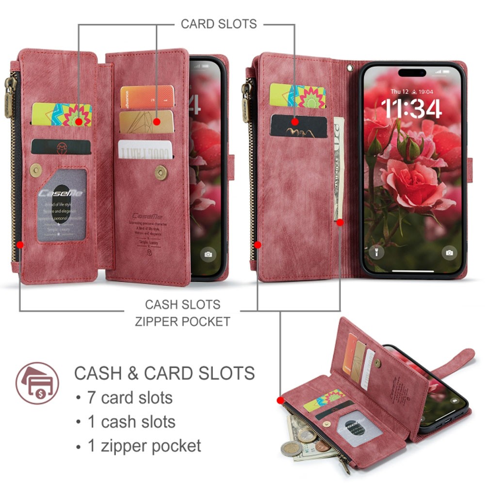 CaseMe C30 iPhone 16 Pro Card Slots Zipper Θήκη Πορτοφόλι Δερμάτινη - Wine Red