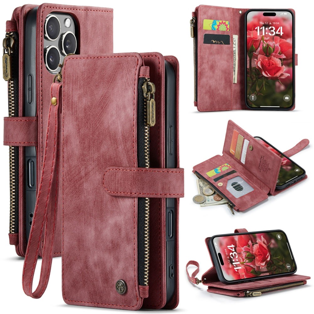 CaseMe C30 iPhone 16 Pro Card Slots Zipper Θήκη Πορτοφόλι Δερμάτινη - Wine Red