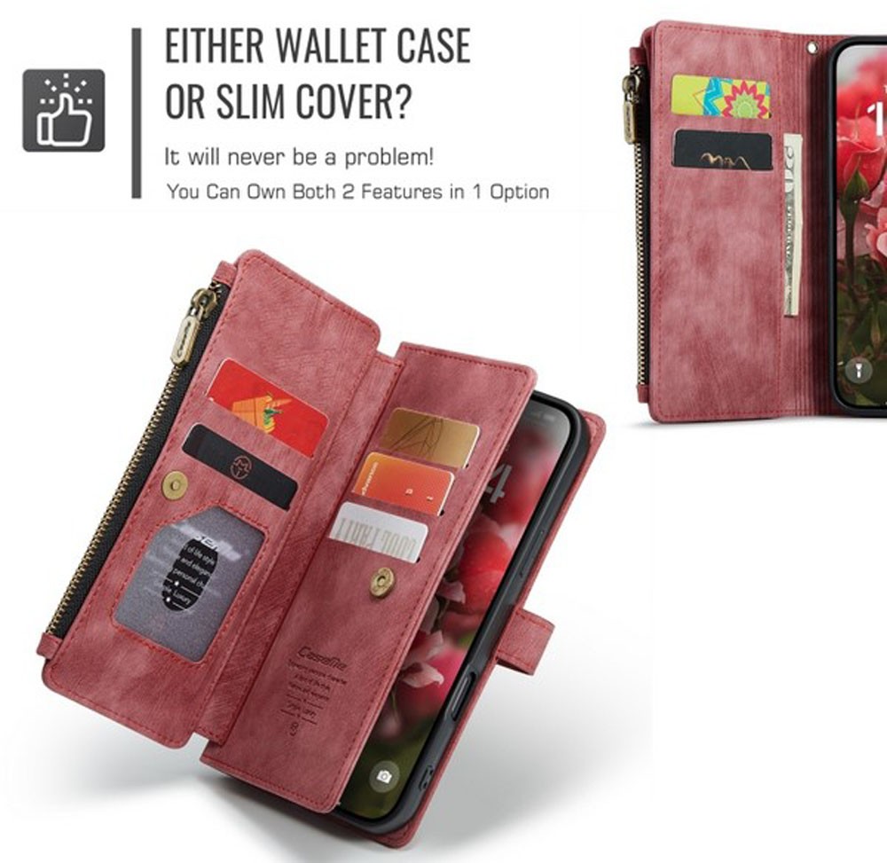 CaseMe C30 iPhone 16 Pro Card Slots Zipper Θήκη Πορτοφόλι Δερμάτινη - Wine Red