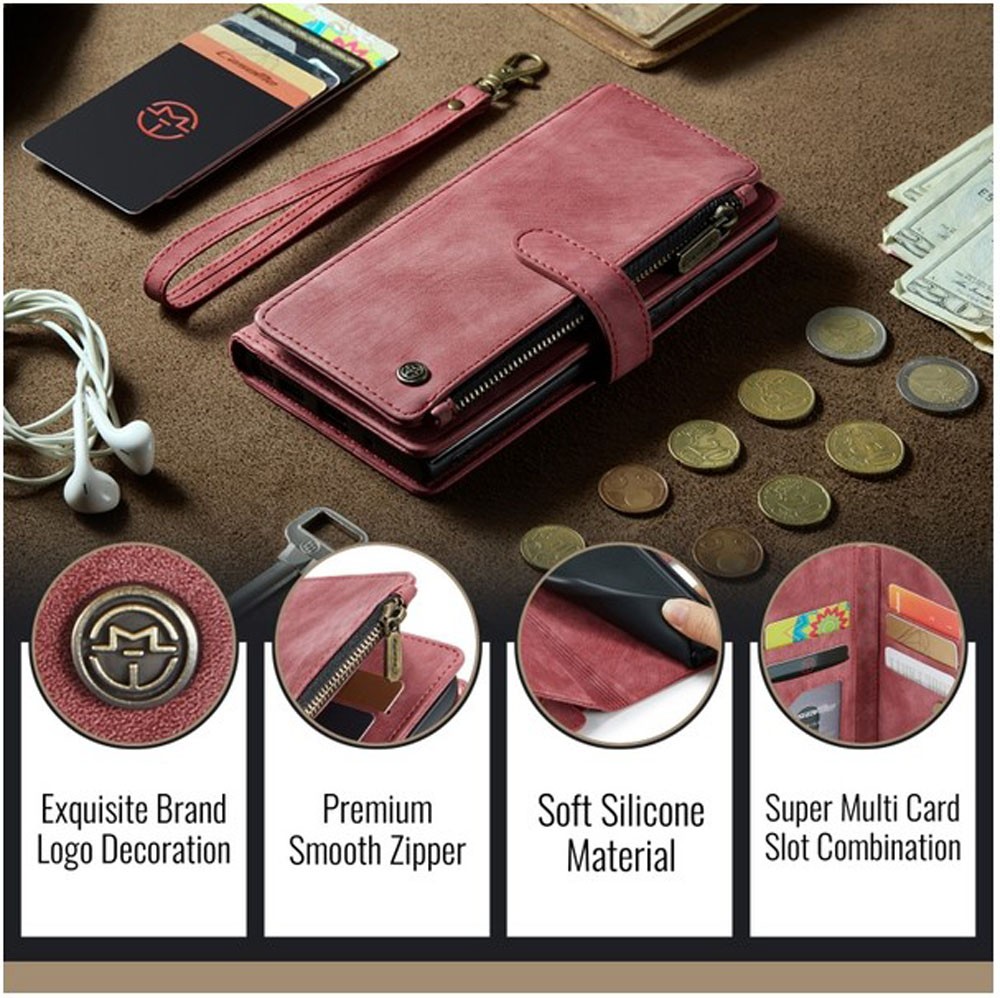 CaseMe C30 iPhone 16 Pro Card Slots Zipper Θήκη Πορτοφόλι Δερμάτινη - Wine Red