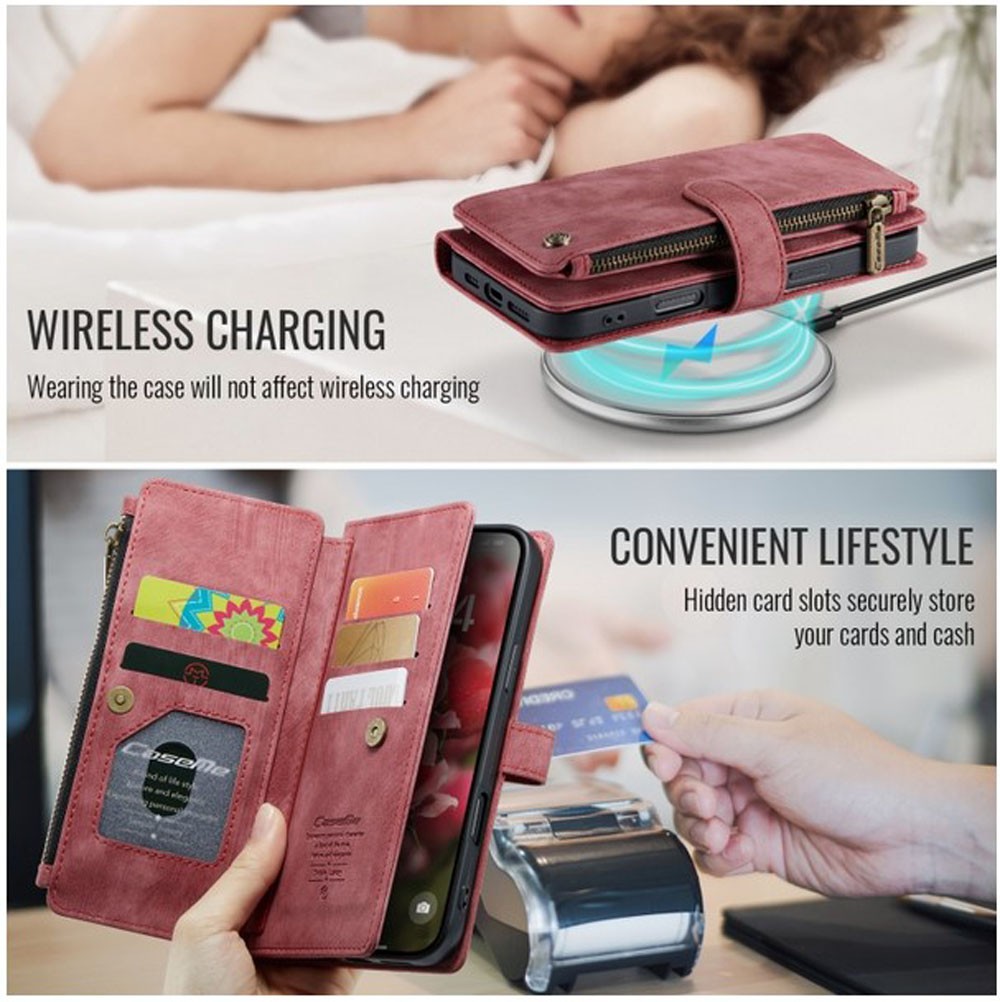 CaseMe C30 iPhone 16 Pro Card Slots Zipper Θήκη Πορτοφόλι Δερμάτινη - Wine Red
