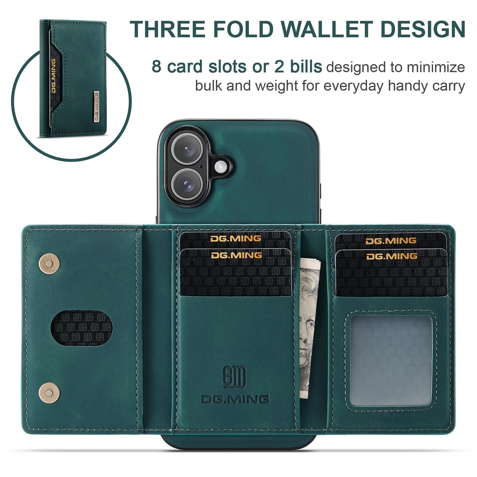 DG.MING iPhone 16 M2 Series 3-Fold Wallet Card Θήκη Δερματίνης - Green