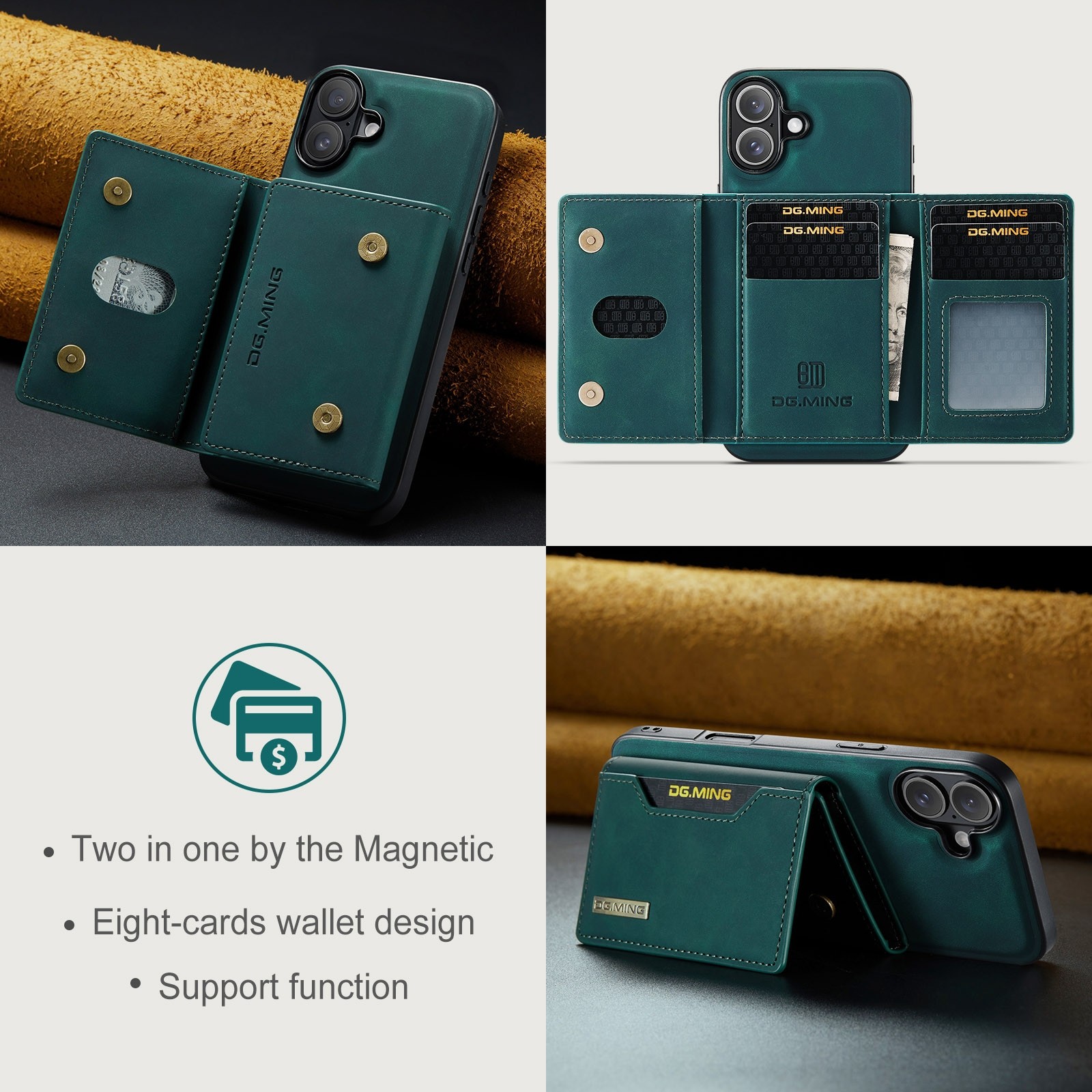 DG.MING iPhone 16 M2 Series 3-Fold Wallet Card Θήκη Δερματίνης - Green