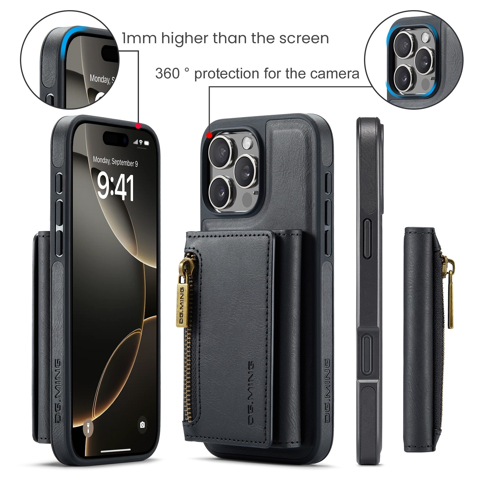 DG.MING M5 Series iPhone 16 Pro Zip RFID Multi - Card Detachable Θήκη Δερματίνης - Black