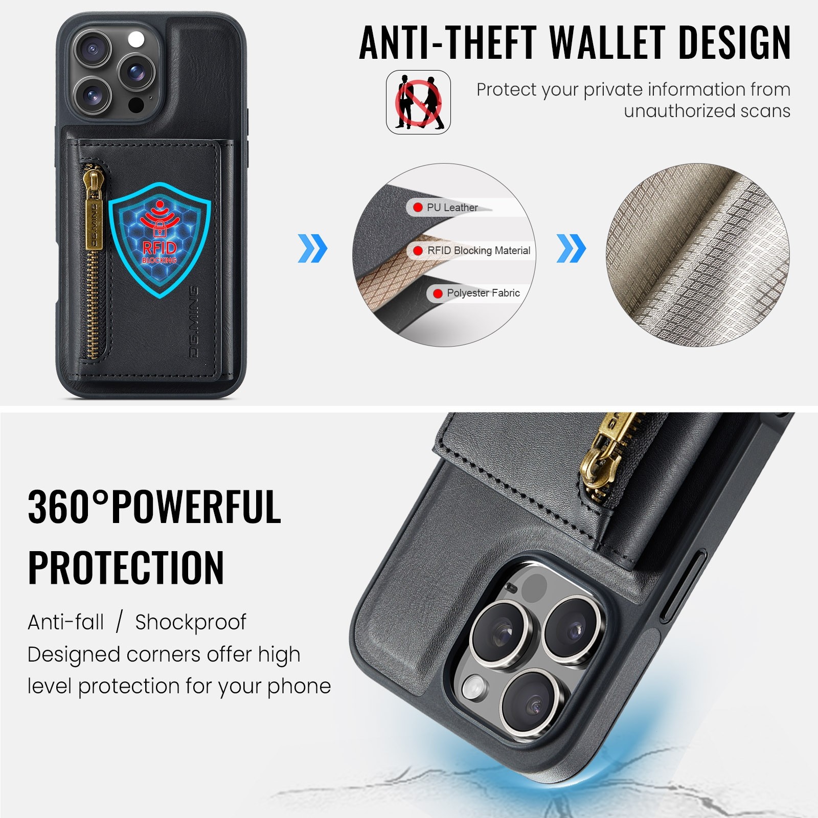 DG.MING M5 Series iPhone 16 Pro Zip RFID Multi - Card Detachable Θήκη Δερματίνης - Black
