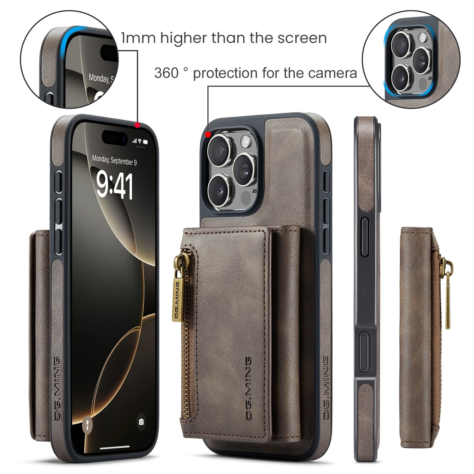 DG.MING M5 Series iPhone 16 Pro Zip RFID Multi - Card Detachable Θήκη Δερματίνης - Dark Brown
