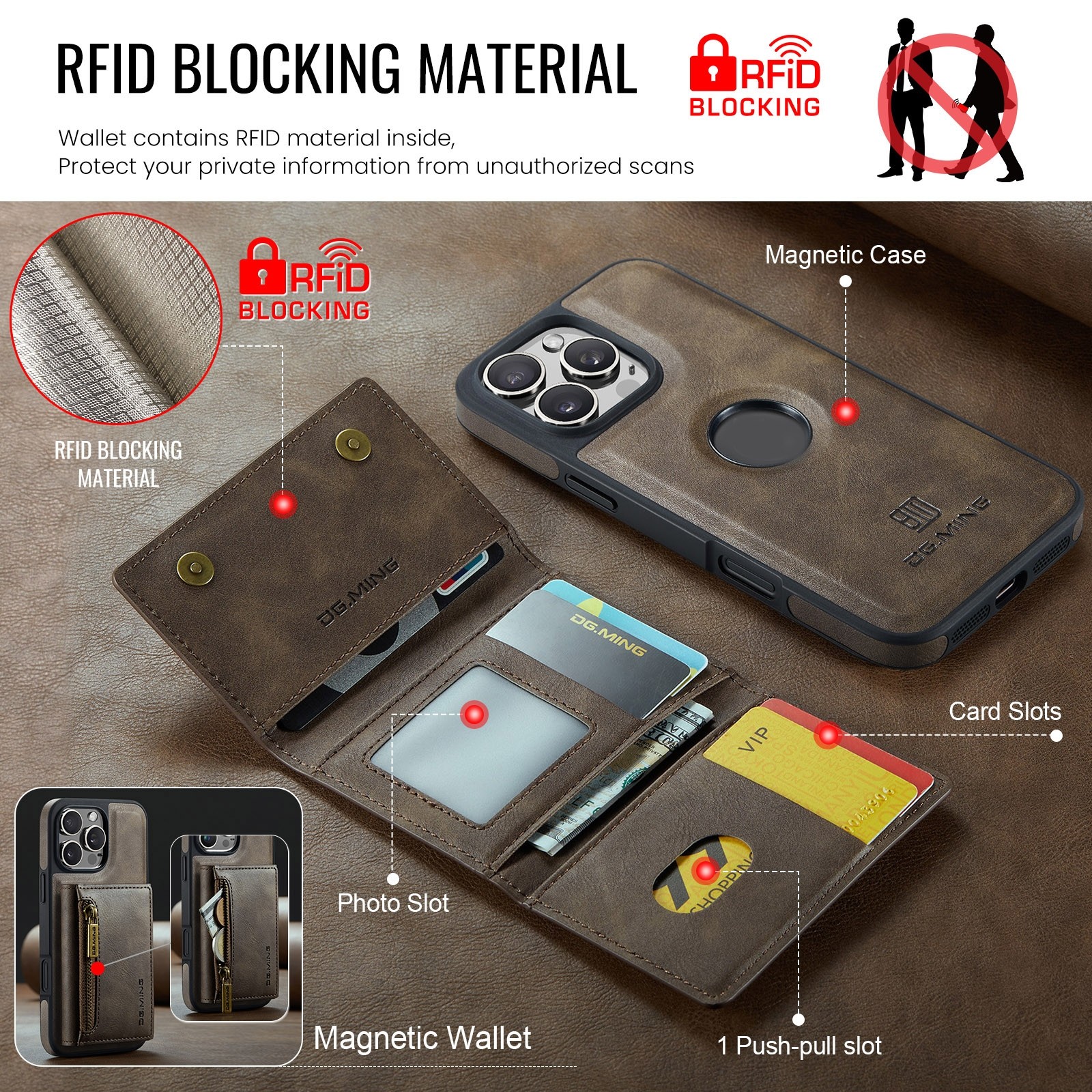 DG.MING M5 Series iPhone 16 Pro Zip RFID Multi - Card Detachable Θήκη Δερματίνης - Dark Brown