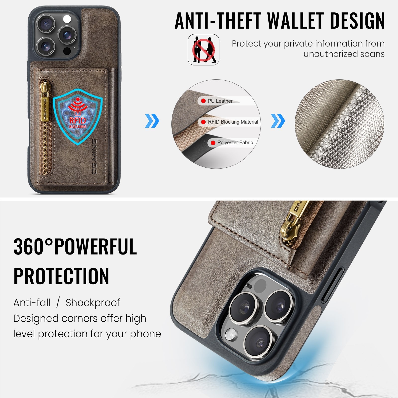 DG.MING M5 Series iPhone 16 Pro Zip RFID Multi - Card Detachable Θήκη Δερματίνης - Dark Brown