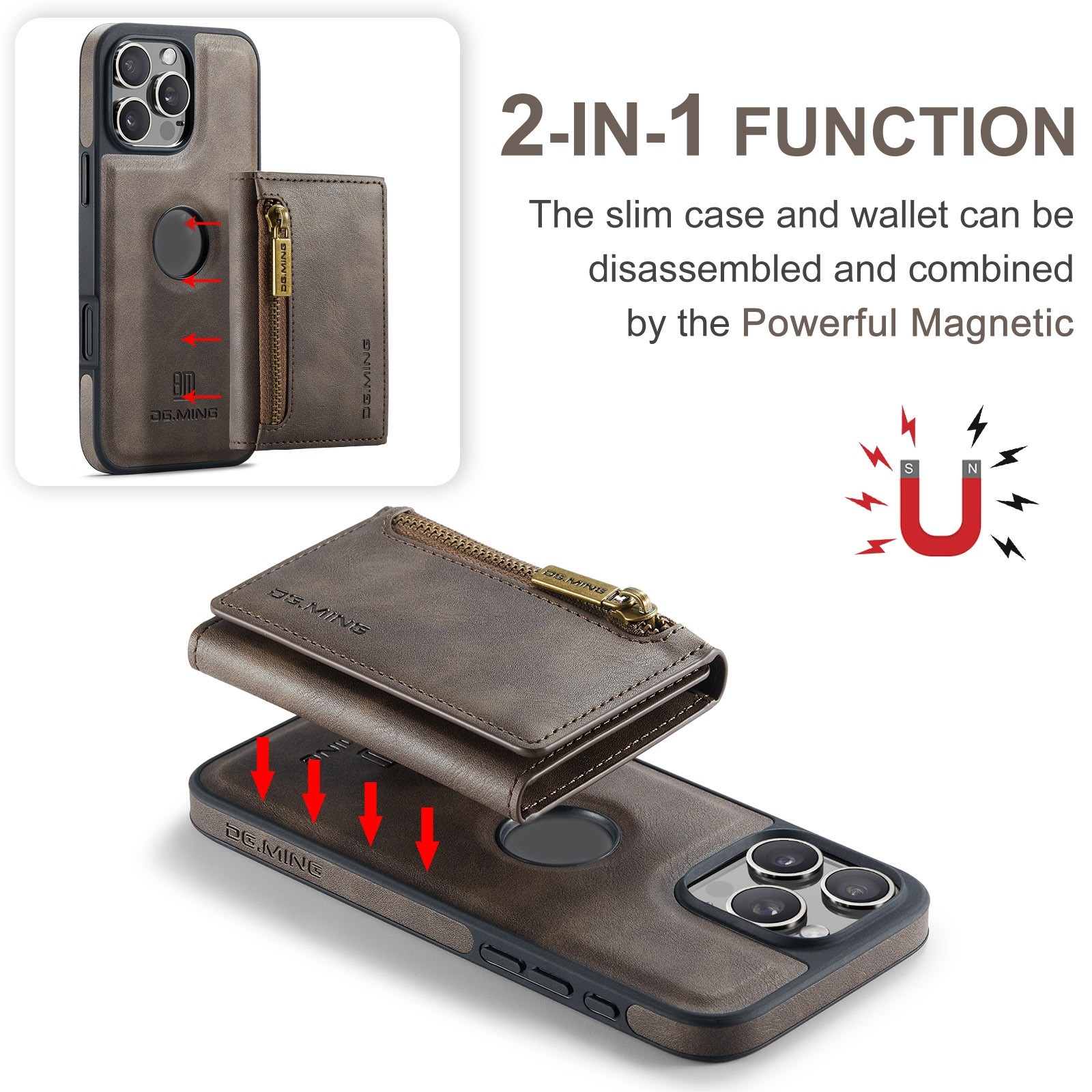 DG.MING M5 Series iPhone 16 Pro Zip RFID Multi - Card Detachable Θήκη Δερματίνης - Dark Brown