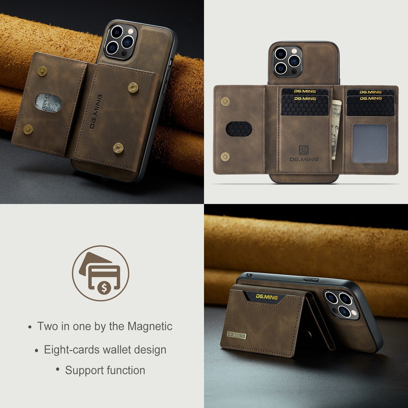 DG.MING M2 Series iPhone 15 Pro Max 3-Fold Wallet Card Θήκη Δερματίνης - Dark Brown