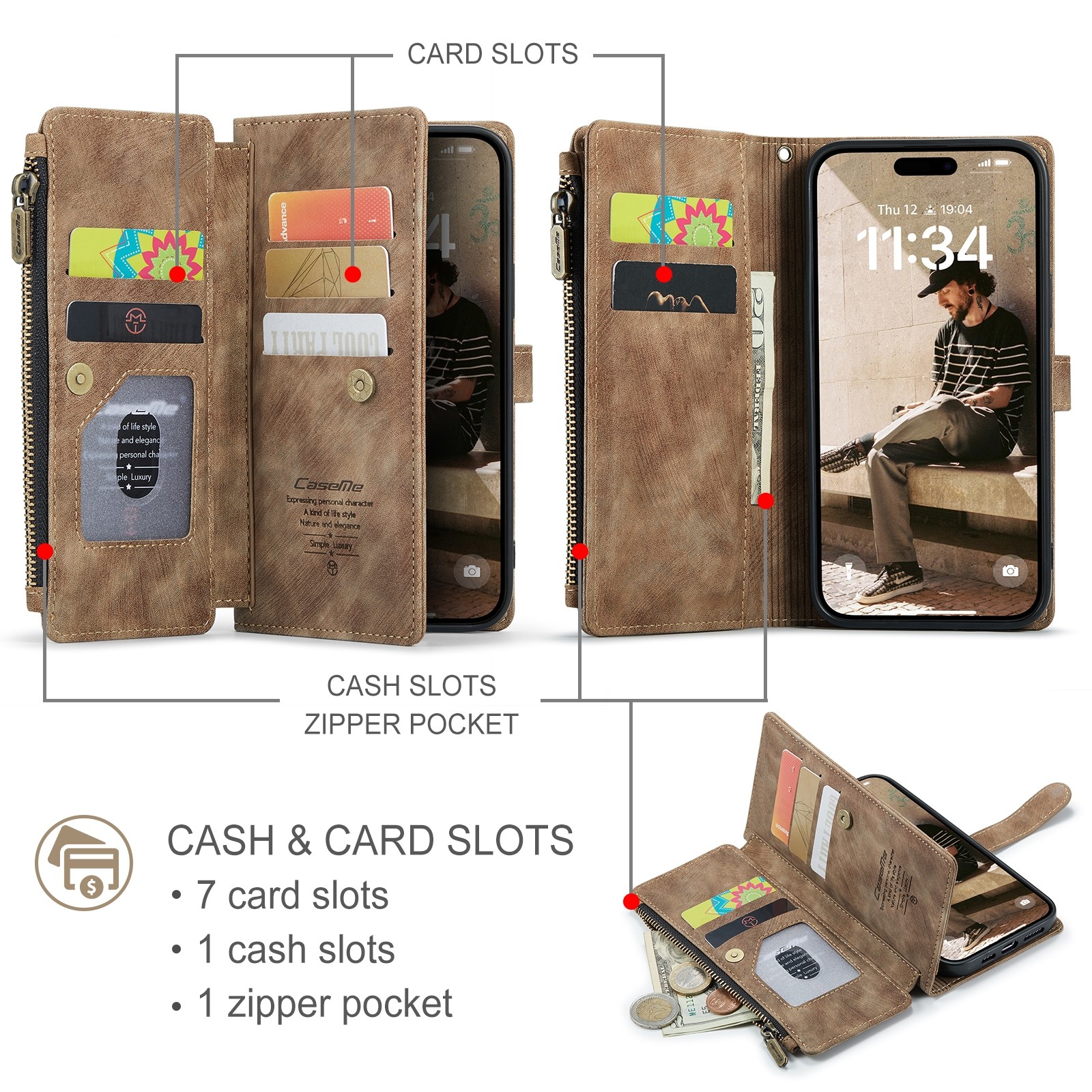 CaseMe C30 iPhone 16 Pro Card Slots Zipper Θήκη Πορτοφόλι Δερμάτινη - Brown