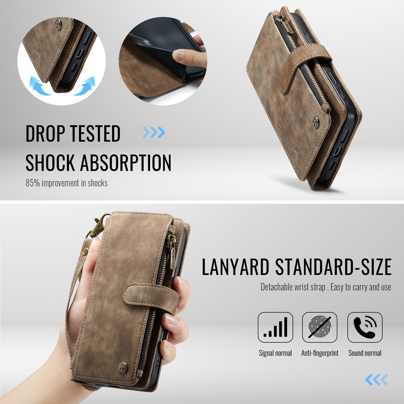 CaseMe C30 iPhone 16 Pro Card Slots Zipper Θήκη Πορτοφόλι Δερμάτινη - Brown