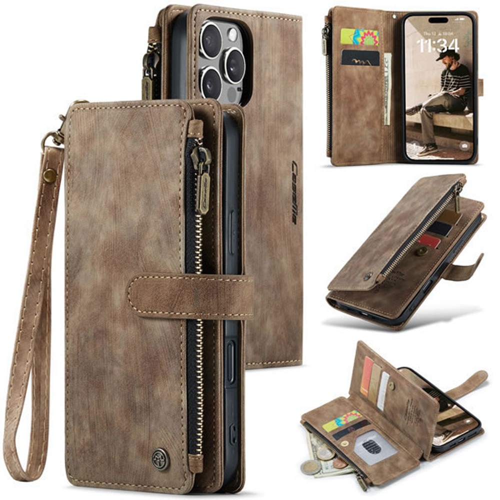 CaseMe C30 iPhone 16 Pro Card Slots Zipper Θήκη Πορτοφόλι Δερμάτινη - Brown