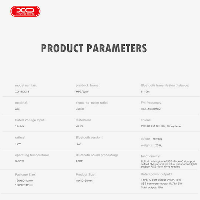 XO-BCC18 FM Transmitter Αυτοκινήτου με Bluetooth / USB-A & USB-C / 15W / Φωτισμός LED Μαύρο
