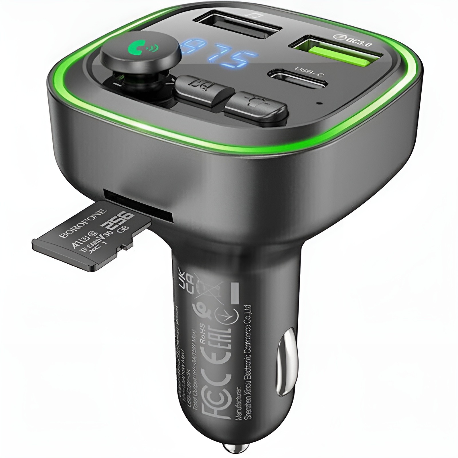 Borofone FM Transmitter Αυτοκινήτου με Bluetooth / Θύρες 2Χ USB-A & 1Χ USB-C PD / QC 3.0 Μαύρο